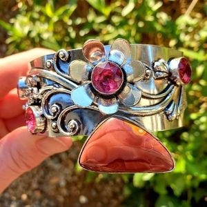New Mookaite and Rubellite 925 Silver Cuff Bracelet.